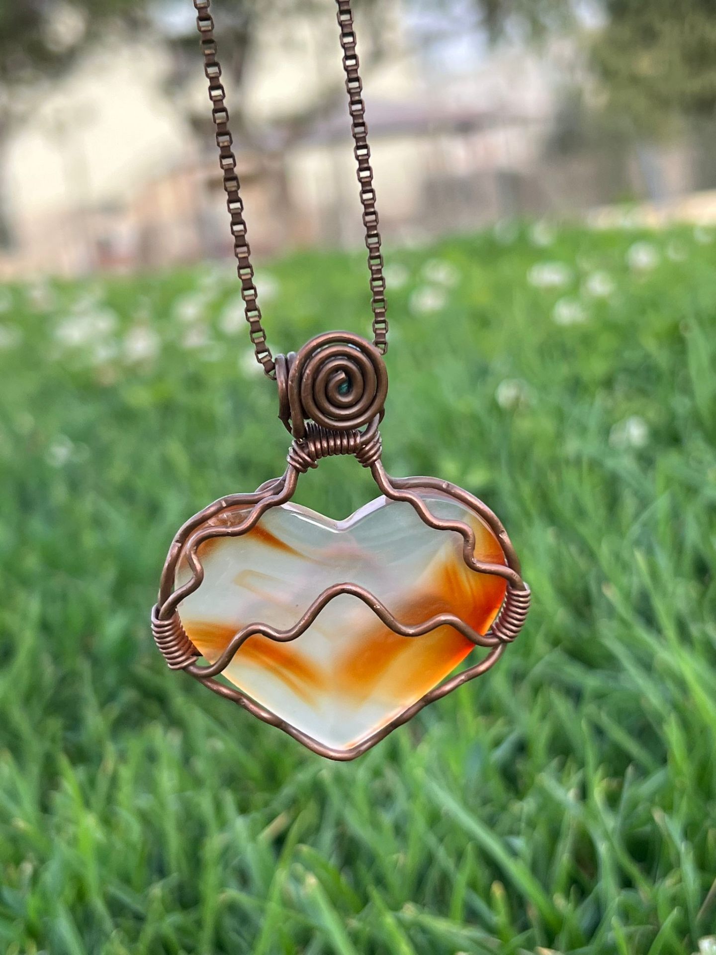 Carnelian heart pendant hand-wrapped in solid copper
